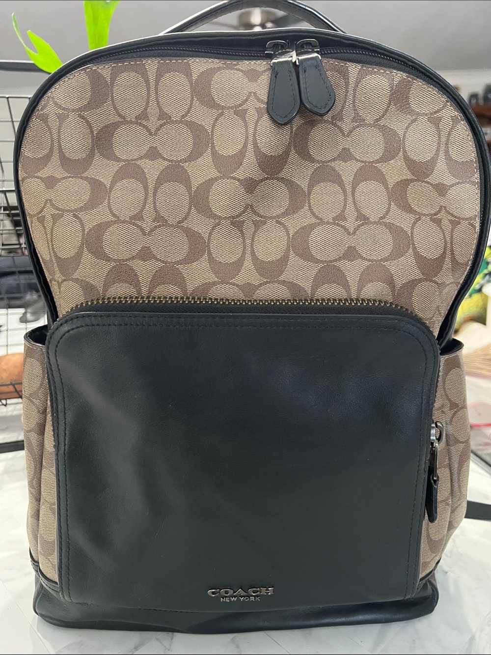 Coach Brown Signature Canvas Backpack with Black Leather Front